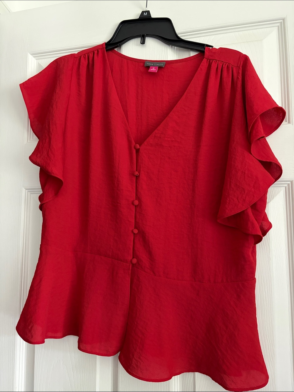 Women's Red Button-Front Ruffle Sleeve Top